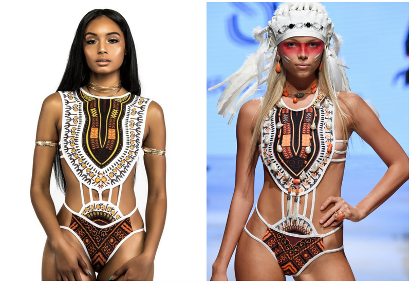 Left, Screenshot of Bfyne’s “Kenzo” swimsuit; Right, a model walks the runway for Silvia Ulson at Miami Swim Week powered by Art Hearts Fashion Swim/Resort 2018/19 at Faena Forum on July 12, 2018 in Miami Beach, Florida.